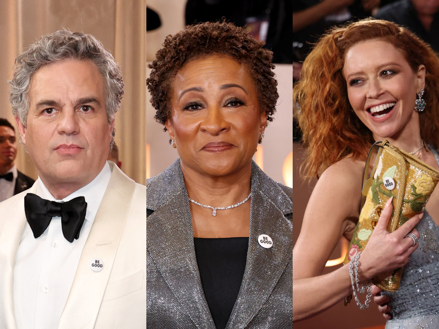 الممثلون مارك روفالو وناتاشا ليون وواندا سايكس يرتدون دبوس Be Good (أ ف ب).