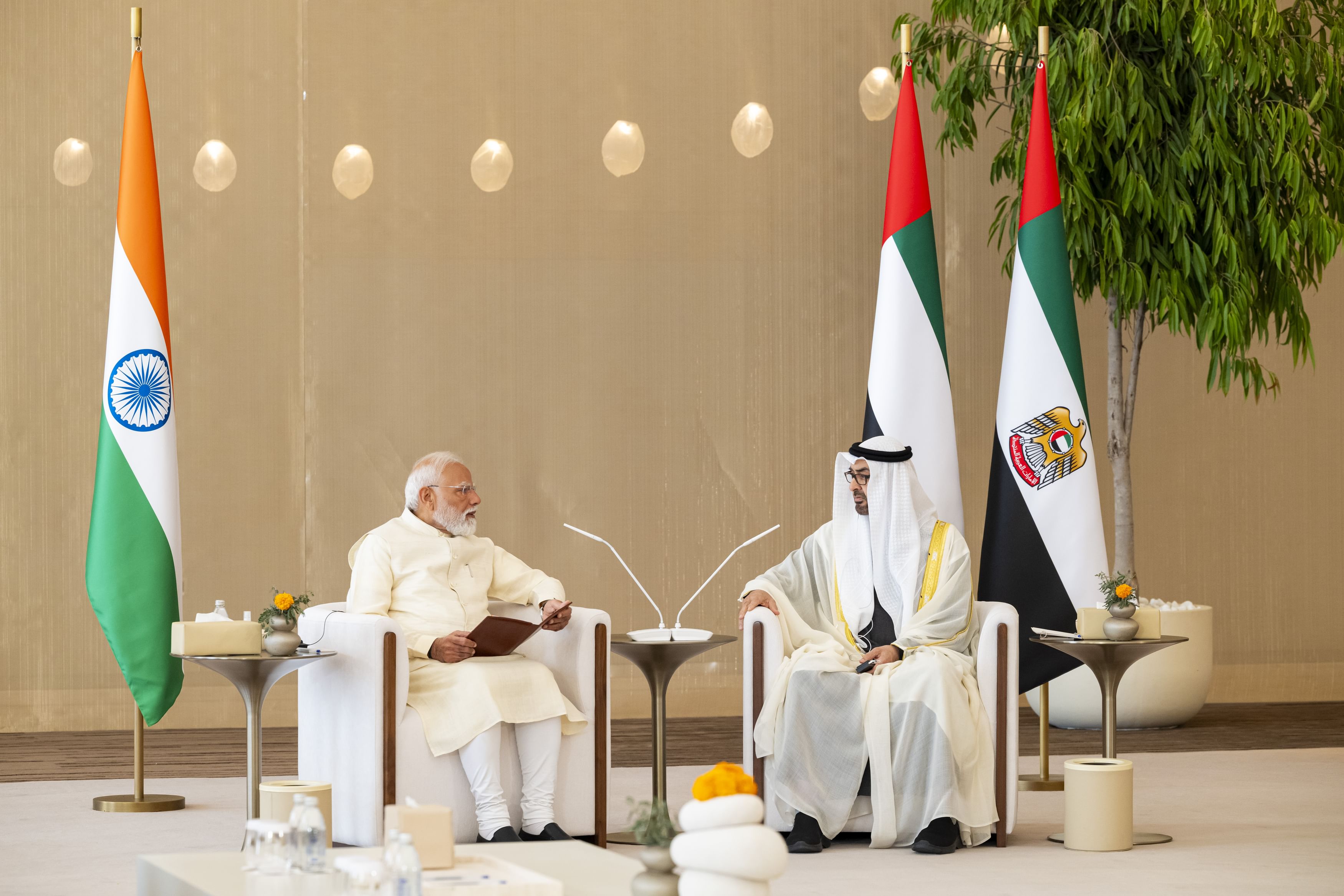 إلى اليمين، الرئيس الإماراتي ورئيس وزراء الهند (وام)