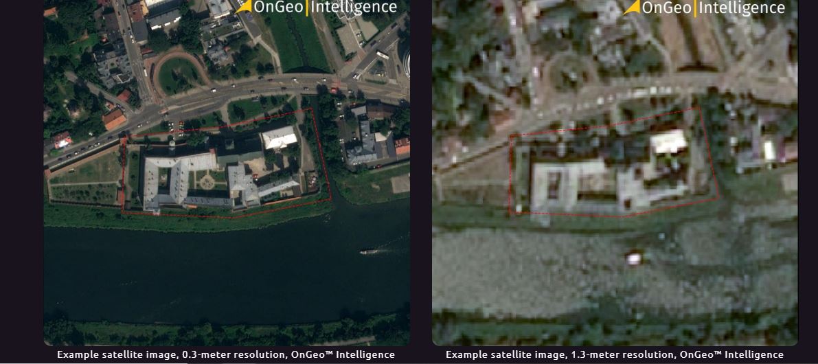 صورة فضائية توضيحية بدقة 0.3 متراً، وأخرى بدقة 1.3 متراً من الموقع تظهر التباين بين جودة الصورتين حسب الطلب (موقع OnGeo)