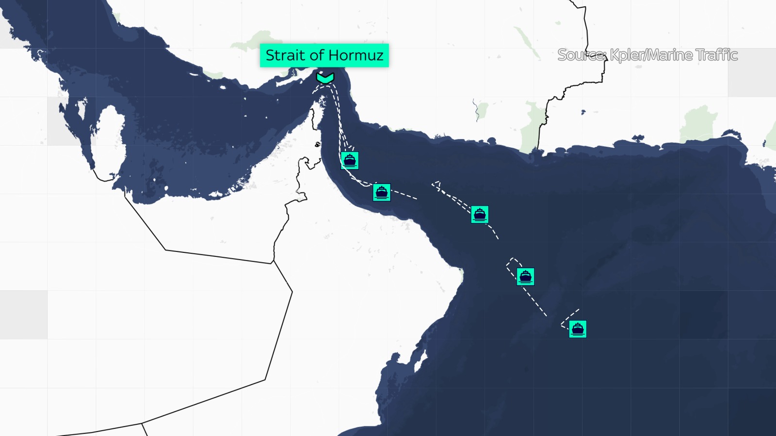 Ship tracking in the Strait of Hormuz. (Kpler platform)