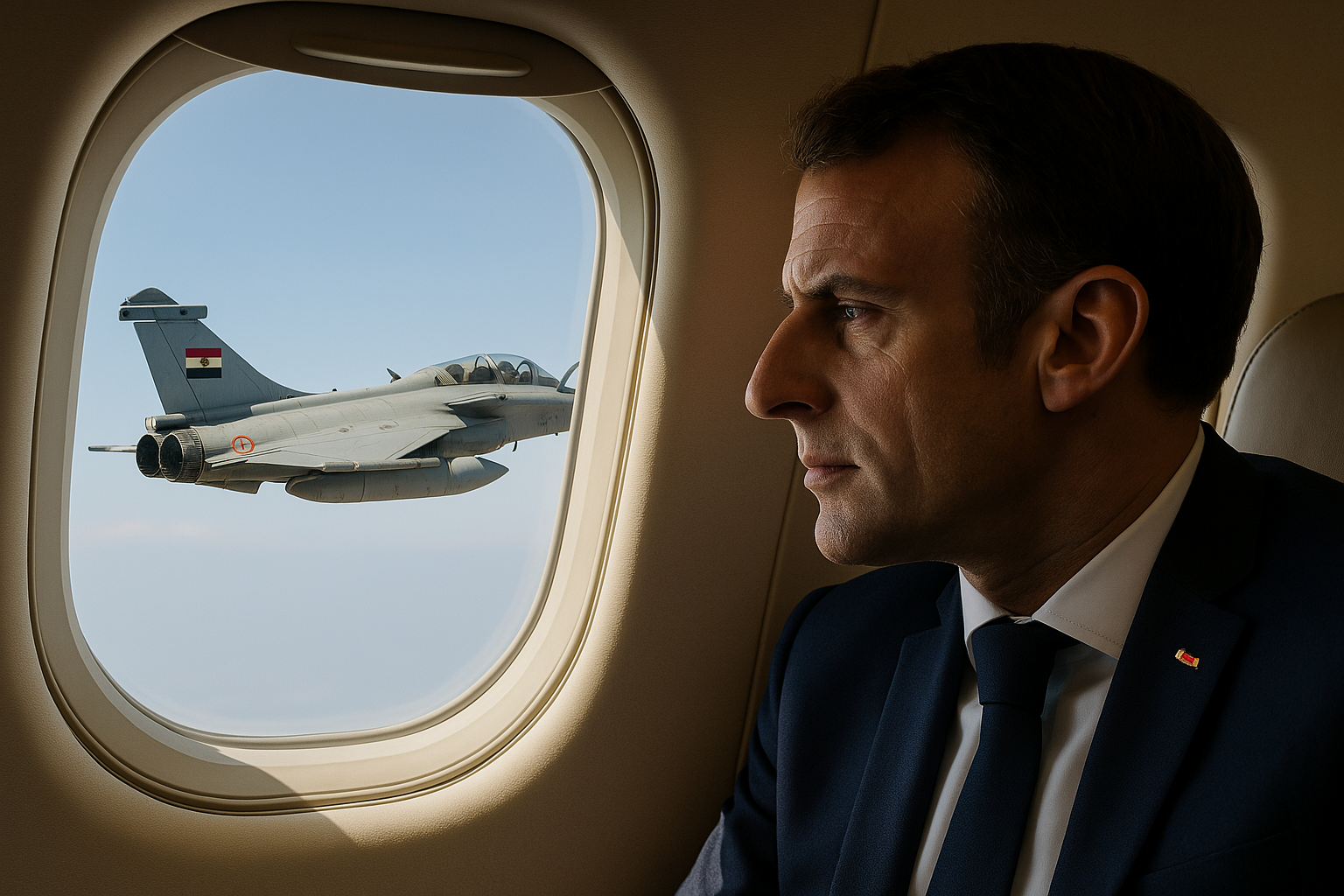 صورة بالذكاء الاصطناعي لماكرون في طائرته الرئاسية وطائرة حربية مصرية تستقبله - (النهار)