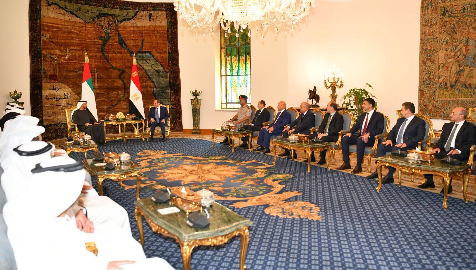 الوفدان الإماراتي والمصري يترأسهما السيسي وبن زايد خلال اجتماعمها بالقاهرة. (رئاسة الجمهورية المصرية)
