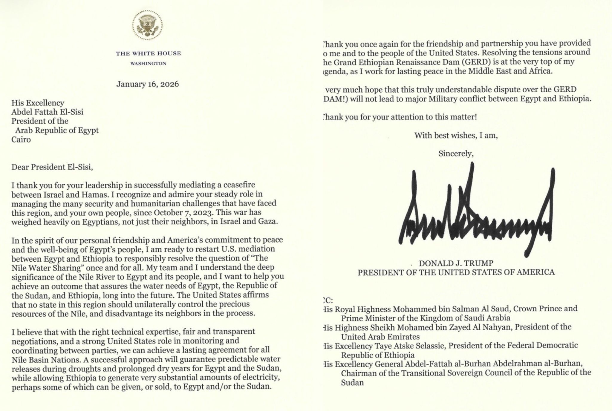 خطاب الرئيس الأميركي دونالد ترامب للرئيس السيسي