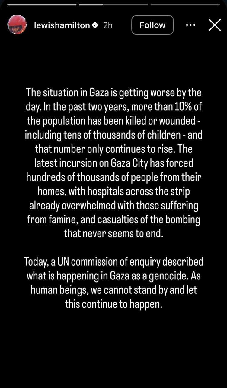 منشور لويس هاميلتون. (إنستغرام) 