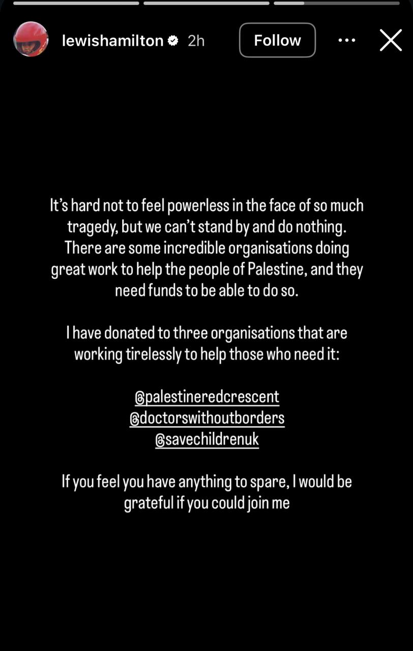 منشور لويس هاميلتون. (إنستغرام) 