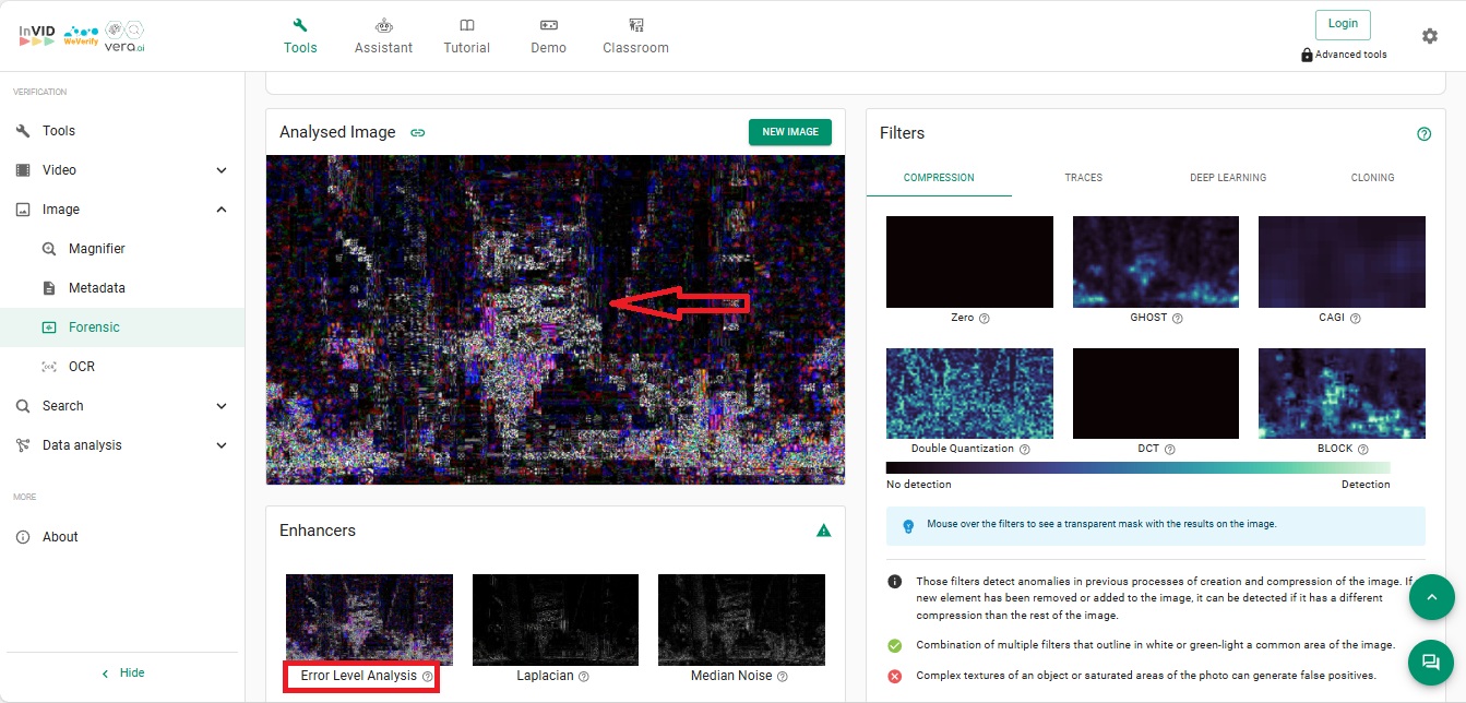 نتيجة فحص الصور في Invid