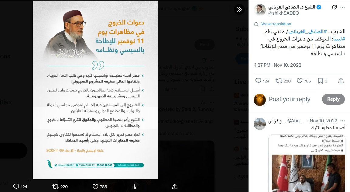 منشور الغرياني في اكس (10 تشرين الثاني 2022)