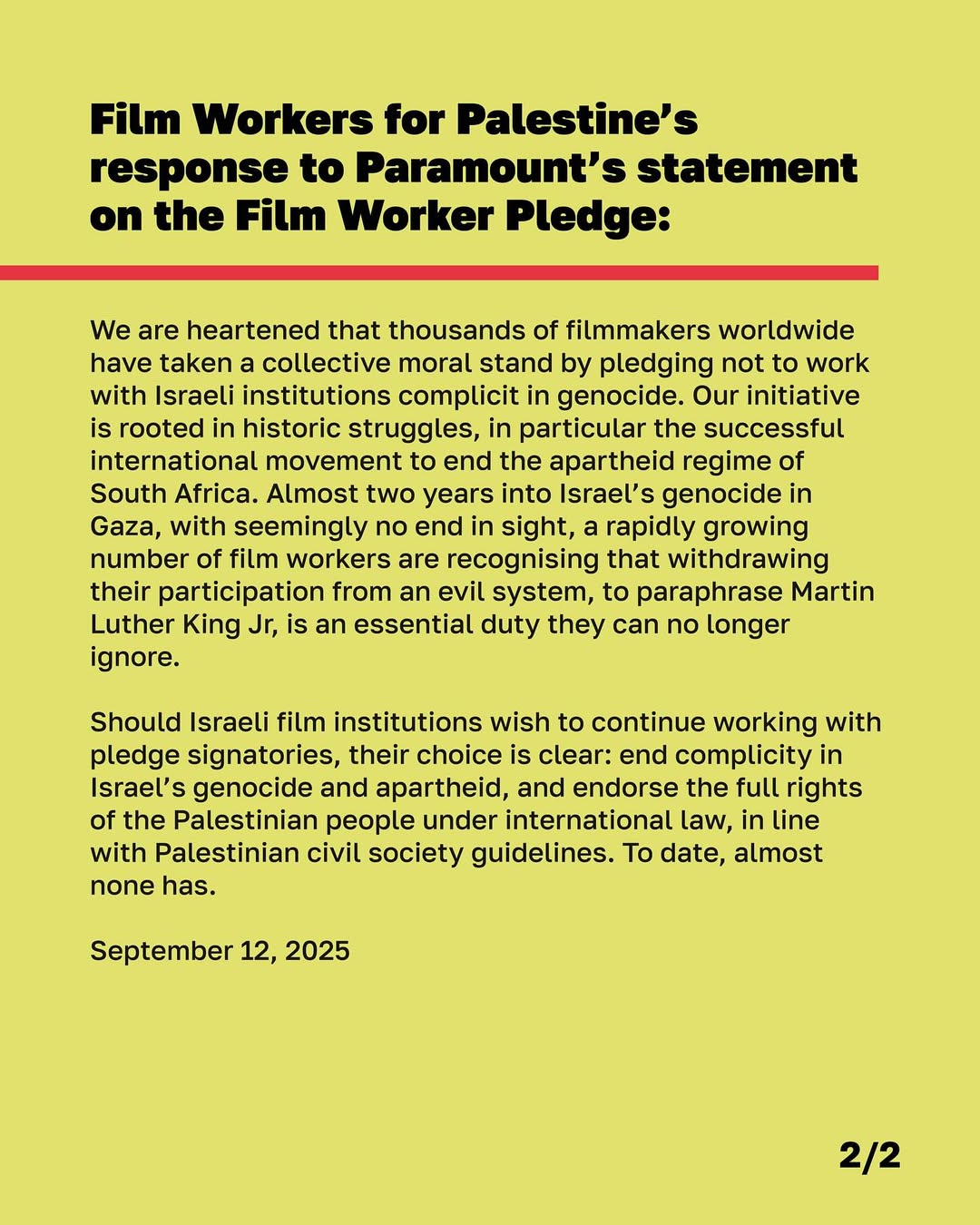 بيان عمال السينما من أجل فلسطين (إنستغرام)