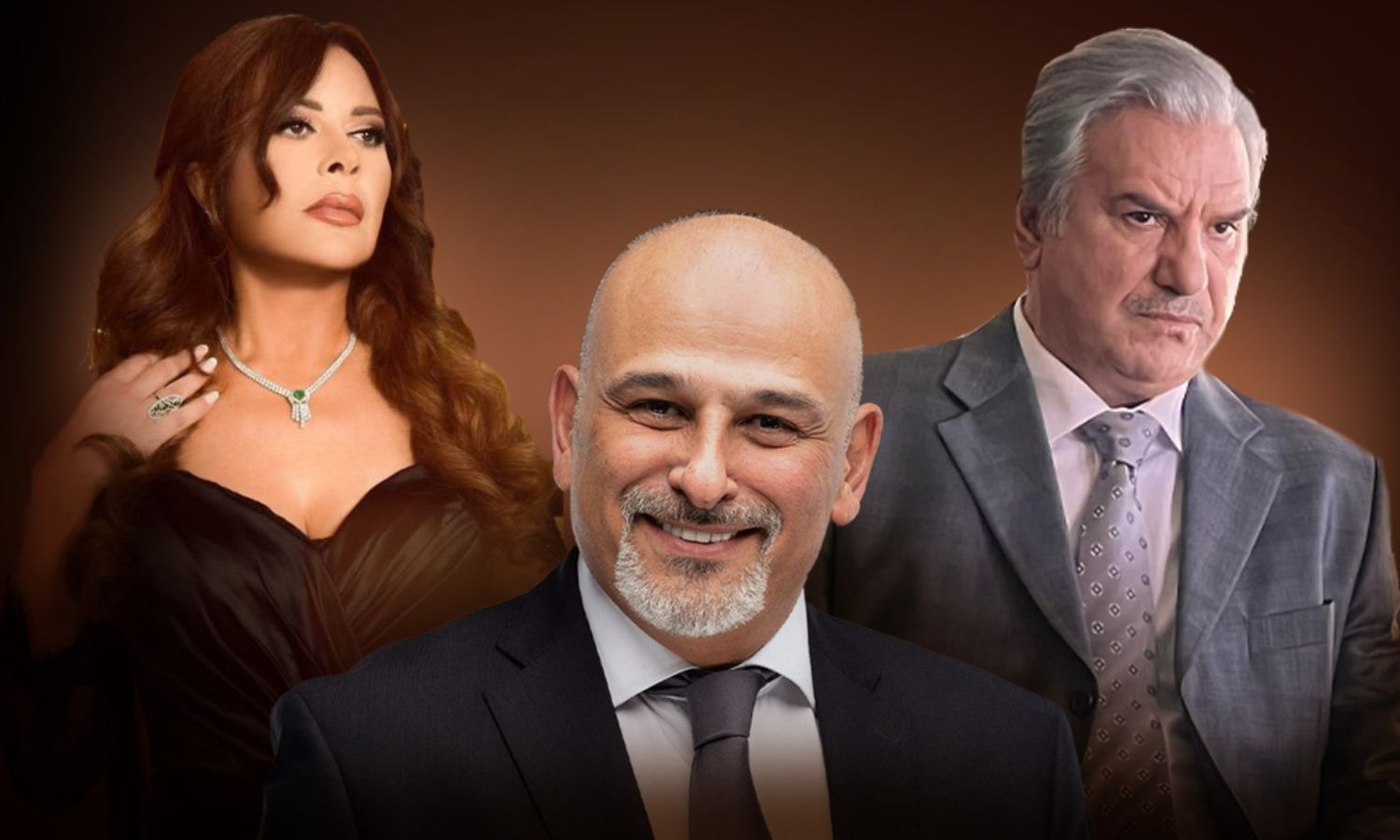 جمال سليمان يتوسط عبد الحكيم قطيفان وكارمن لبس (سوشيال ميديا) 