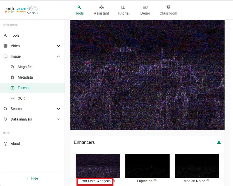 نتيجة فحص الصورة بواسطة اداة Invid