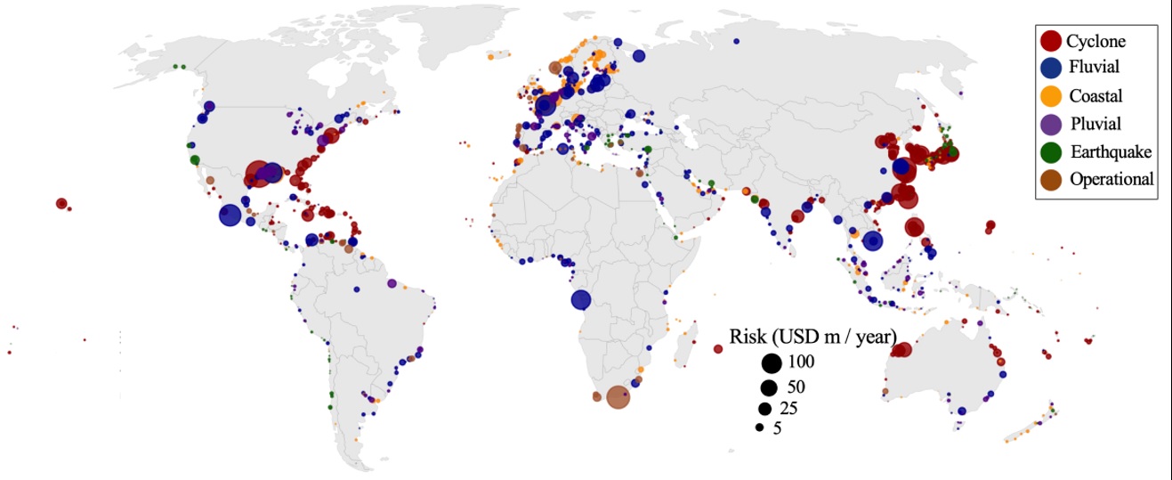 خريطة الموانئ المعرضة لكوارث طبيعية حول العالم (وكالات)
