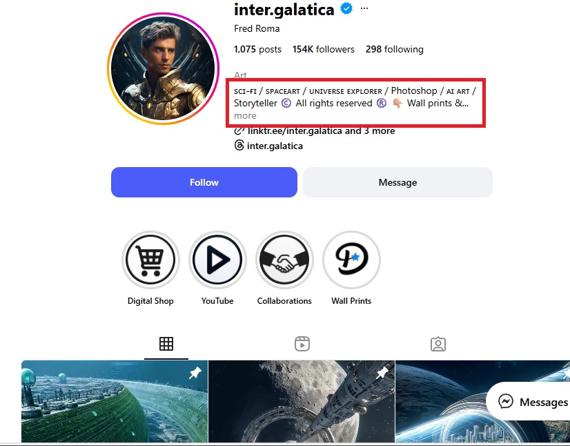 لقطة لحساب inter.galatica في انستغرام وللتعريف به