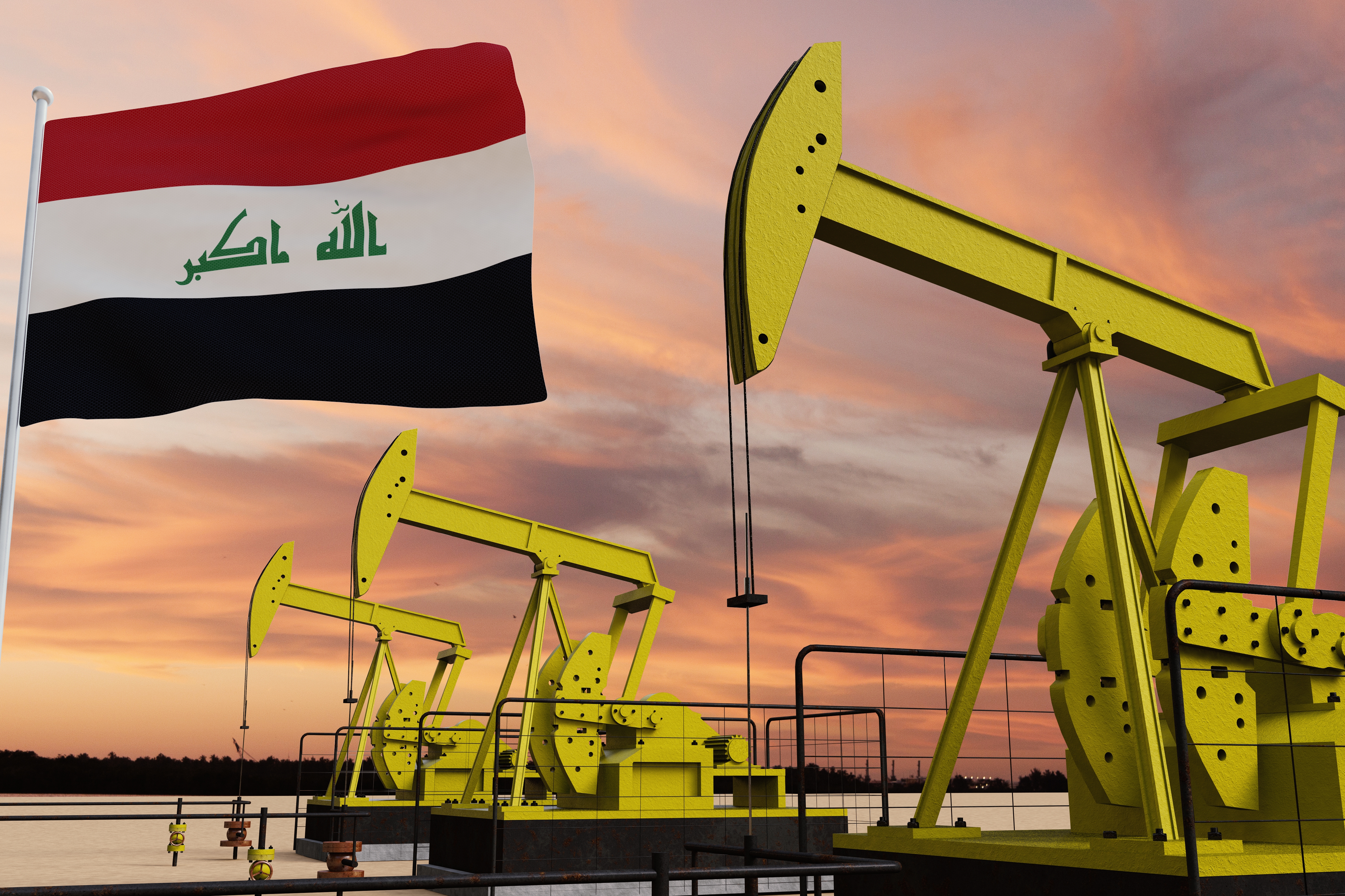 منصات نفط بجانب علم العراق (وكالات)
