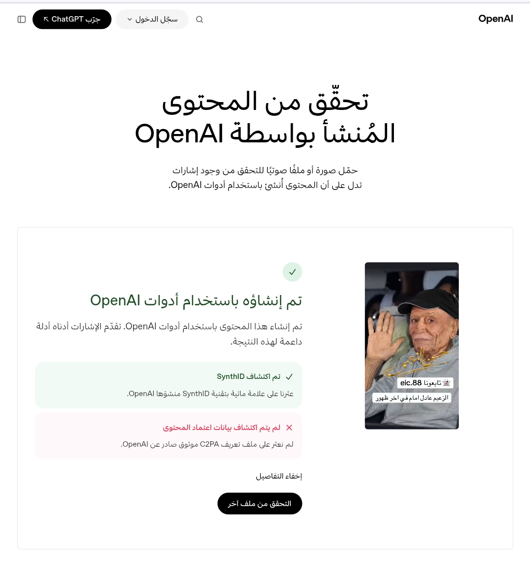 نتيجة الفحص باستخدام أداة OpenAI للتحقق