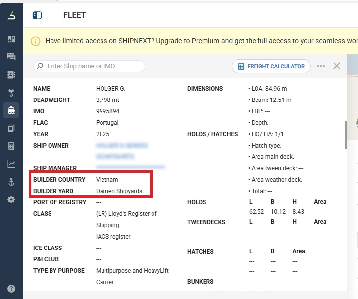 بيانات السفينة في موقع الشركة