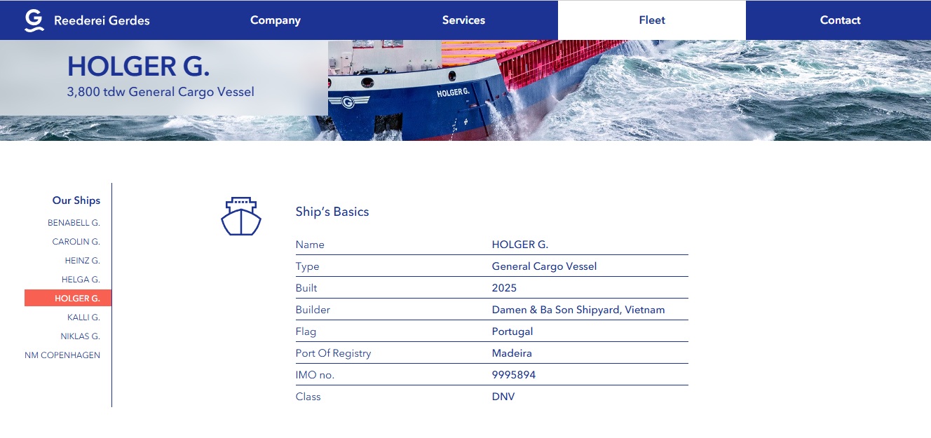 بيانات السفينة في موقع الشركة