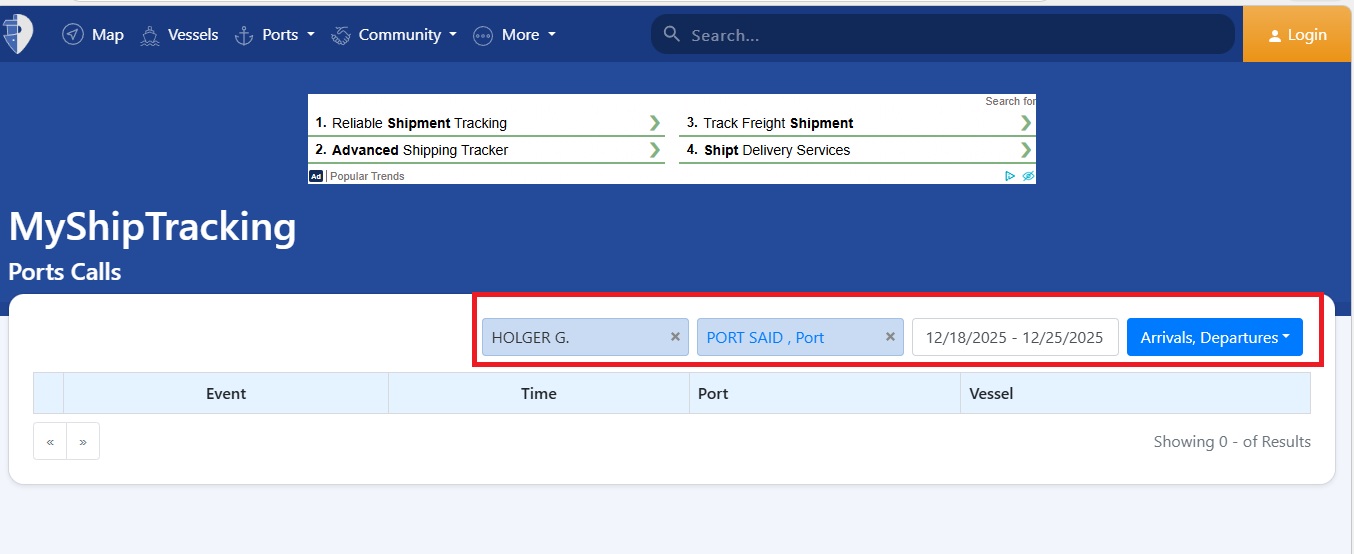 البيانات المتاحة على منصة MyShipTracking