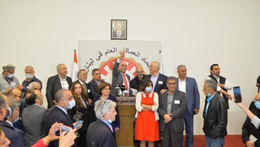 خلال إعلان فوز لائحة "الوحدة النقابية" برئاسة جوزيف القصيفي في انتخابات نقابة المحررين (حسام شبارو).