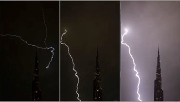 ثلاث لقطات شاشة من فيديو متداول لصاعقة تضرب قمة برج خليفة في دبي (انستغرام). 