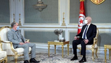 سعيد مستقبلا الأمين العام للاتحاد العام التونسي للشغل نور الدين الطبوبي في قصر قرطاج (15 ك2 2022، رئاسة الجمهورية التونسية). 