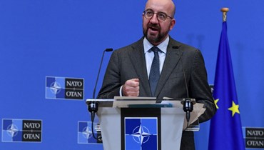 ميشال يعقد مؤتمرا صحافيا في مقر الناتو في بروكسيل (24 شباط 2022، أ ف ب).