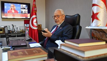 الغنوشي خلال مقابلة مع وكالة فرانس برس في العاصمة تونس (31 آذار 2022، ا ف ب). 