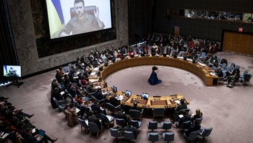 زيلينسكي متكلما عن بعد خلال اجتماع لمجلس الأمن في مقر الأمم المتحدة (5 نيسان 2022، ا ب).