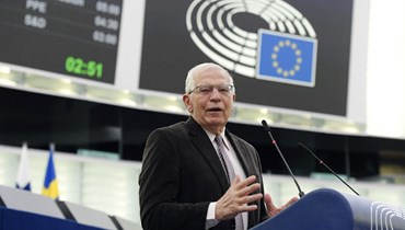 بوريل خلال مناقشة في جلسة عامة في البرلمان الأوروبي في ستراسبورغ شرق فرنسا (6 نيسان 2022، أ ف ب). 
