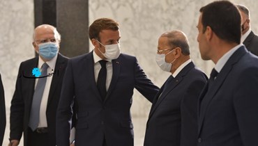 الرئيس الفرنسي إيمانويل ماكرون في قصر بعبدا (أ ف ب).