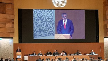  غيبرييسوس يلقي خطابًا في اليوم الافتتاحي لجمعية الصحة العالمية الـ75 لمنظمة الصحة العالمية في جنيف (22 ايار 2022، أ ف ب). 