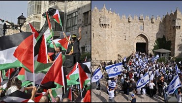 (الى اليمين) مشاركون في "مسيرة الاعلام" الاسرائيلية تجمعوا عند باب العمود في القدس، (الى اليسار) فلسطينيون يلوحون بالاعلام خلال مسيرة في رام الله للتنديد بـ مسيرة الأعلام" الاسرائيلية (29 ايار 2022، أ ف ب). 