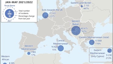 خريطة نشرتها "فرونتكس" تبيّن كيفية توزع الدخول غير النظامي إلى الاتحاد الأوروبي (13 حزيران 2022، تويتر). 