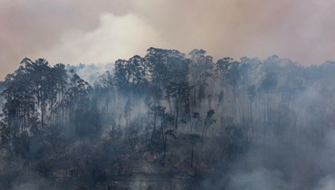 دخان يتصاعد من تل خلال إطفاء حرائق في ايسبيت  في اوريم بالبرتغال (13 تموز 2022، أ ف ب). 