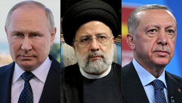 صورة مركّبة للرؤساء الثلاثة إردوغان، رئيسي وبوتين (أ ف ب).