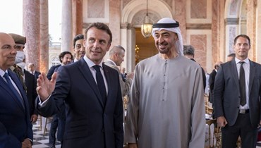 رئيس الإمارات محمد بن زايد والرئيس الفرنسي إيمانويل ماكرون في باريس (أ ف ب).