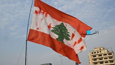 العلم اللبناني ملطخاً بالحبر الأحمر في مسيرة ٤ آب (نبيل إسماعيل).
