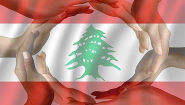 العلم اللبناني تحيط به أيادي المكونات اللبنانية 