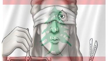 صورة لبناني تغطي الارزة وجهه ويحمل بيد ميزان العدل وبالاخرى مقصّ العدالة.
