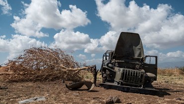 صورة أرشيفية- شاحنة عسكرية متضررة تركت في حقل قرب قرية أياسو جبريل شرق مدينة ألاماتا الإثيوبية (10 ك1 2020، أ ف ب).