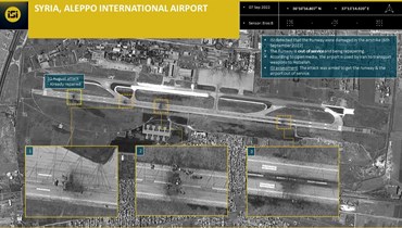 صورة من الأقمار الصناعية نشرتها شركة ImageSat International (ISI) في 7 ايلول 2022، وتظهر الأضرار في مطار حلب بشمال سوريا في أعقاب الغارات الإسرائيلية في 6 منه (أ ف ب). 