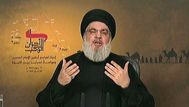 الأمين العام لـ"حزب الله" السيد حسن نصرالله في ذكى أربعين الإمام الحسين في بعلبك (أ ف ب).