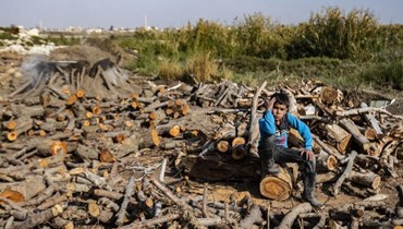 طفل يجلس على كومة من الخشب تستعمل في صناعة الفحم للاستخدام المنزلي في ريف الرقة شمال سوريا (23 ت2 2022، أ ف ب). 