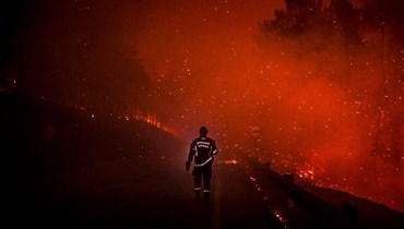 رجل إطفاء يمشي على طريق خلال حريق هائل في مانتيغاس وسط البرتغال (10 آب 2022، أ ف ب). 