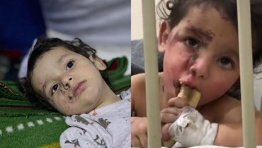الطفل السوري الذي انتشرت مقاطع له وهو يأكل الموز في المستشفى بعد الزالزال، إلى اليمين، والصورة الثانية بعد تسليمه لوالده، إلى اليسار.