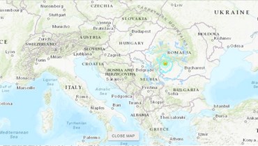خريطة تظهر موقع الزلزال الذي ضرب رومانيا (موقع earthquake.usgs.gov). 