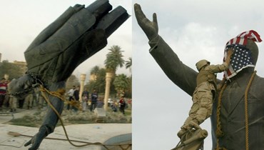 صورة مركّبة لتمثال الديكتاتور العراقي صدام حسين بعد الغزو الأميركي (أ ف ب).