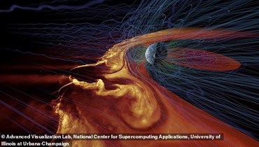 صورة تصور الرياح الشمسية تتفاعل مع المجال المغناطيسي للأرض أثناء عاصفة شمسية قوية