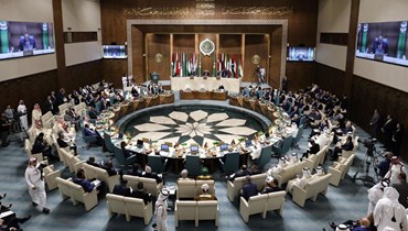 شكري متكلما خلال اجتماع طارئ لوزراء خارجية جامعة الدول العربية في القاهرة (7 أيار 2023، أ ف ب).