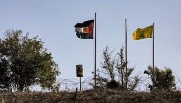 علما "حزب الله" وفلسطين عند الحدود الجنوبية للبنان (أ ف ب).
