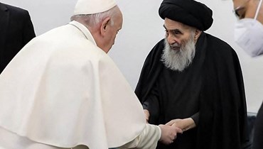 البابا فرنسيس والمرجع الشيعي الأعلى في العراق آية الله العظمى السيد علي السيستاني "أ ف ب".